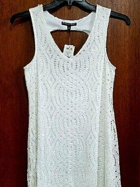 Three Pink Hearts White Open Back Dress Lace Overlay Women's Large ~ Knee Length